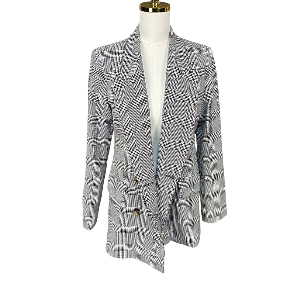 Zara Woman Black White Glen Plaid Double Breasted Peak Lapel Blazer Size M
